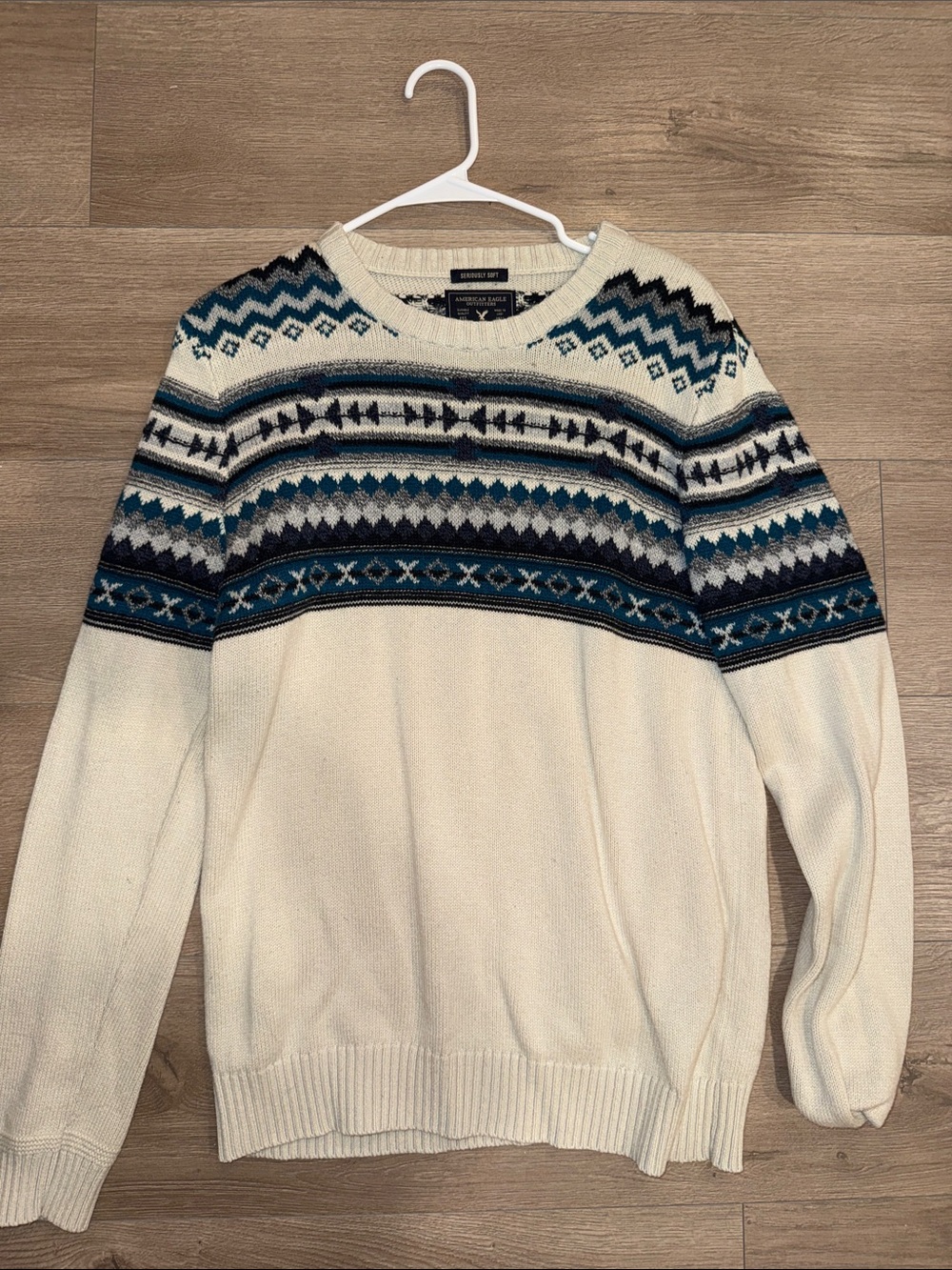 American Eagle Outfitters Cream Crewneck Sweater with Blue & Gray Fair Isle Yoke
